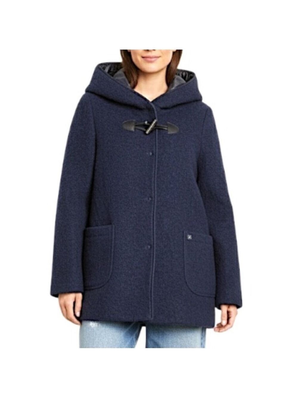 Le Petit Baigneur dark blue boiled wool blend hooded lined knit sweater coat 38